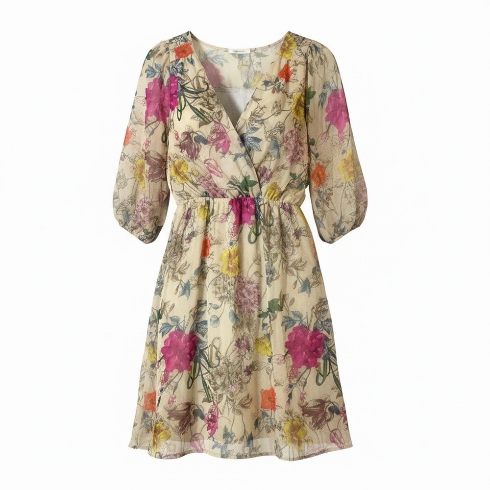 Everly Floral Surplice Knee Length Dress Cream Multi 3/4 Sleeve Elastic Waist M